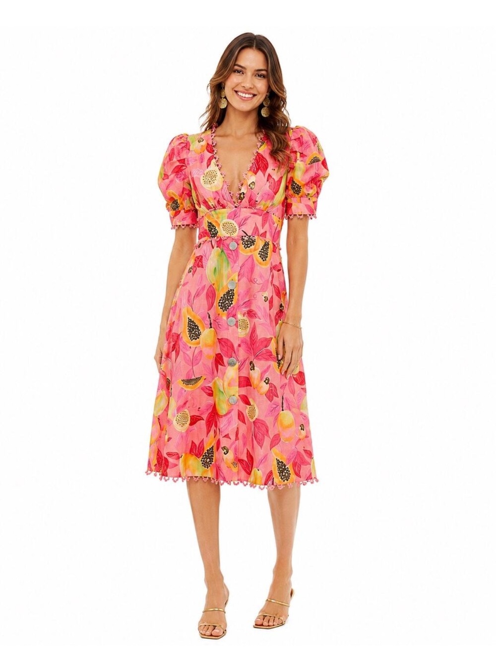 FARM Rio Pink Puff Sleeve Papaya Salad Dress | XS